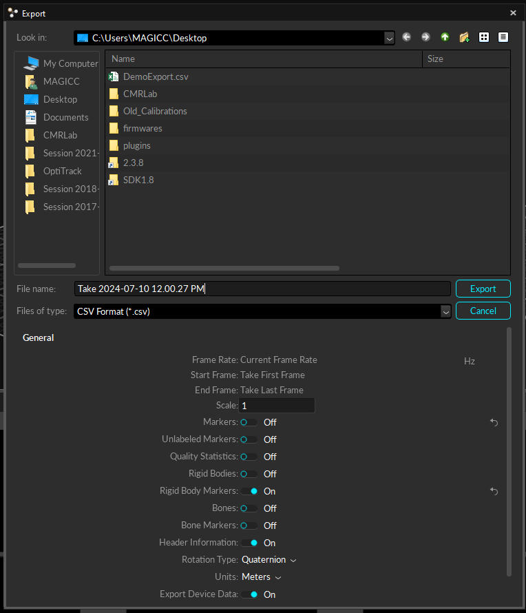 Mocap export tracking data